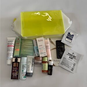 Kiehls Face bundle Bright Lime Green Cosmetic bag with Assorted Skincare Samples